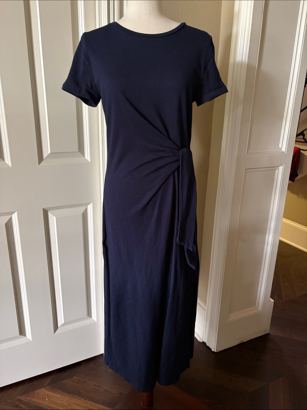LOFT Navy Side-Tie Short-Sleeve Jersey Midi Dress M